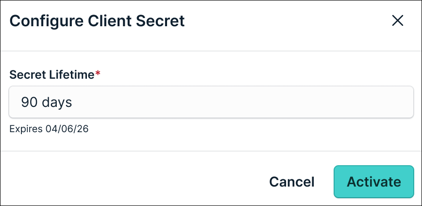 A screenshot showing the client secret lifetime settings for a service account.